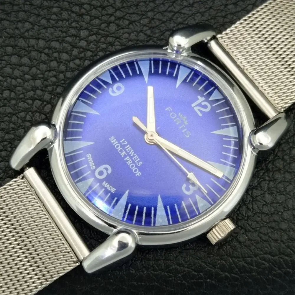 Vintage 1976 Fortis Manual Mens Silver Watch W/Steel Strap & Blue accents